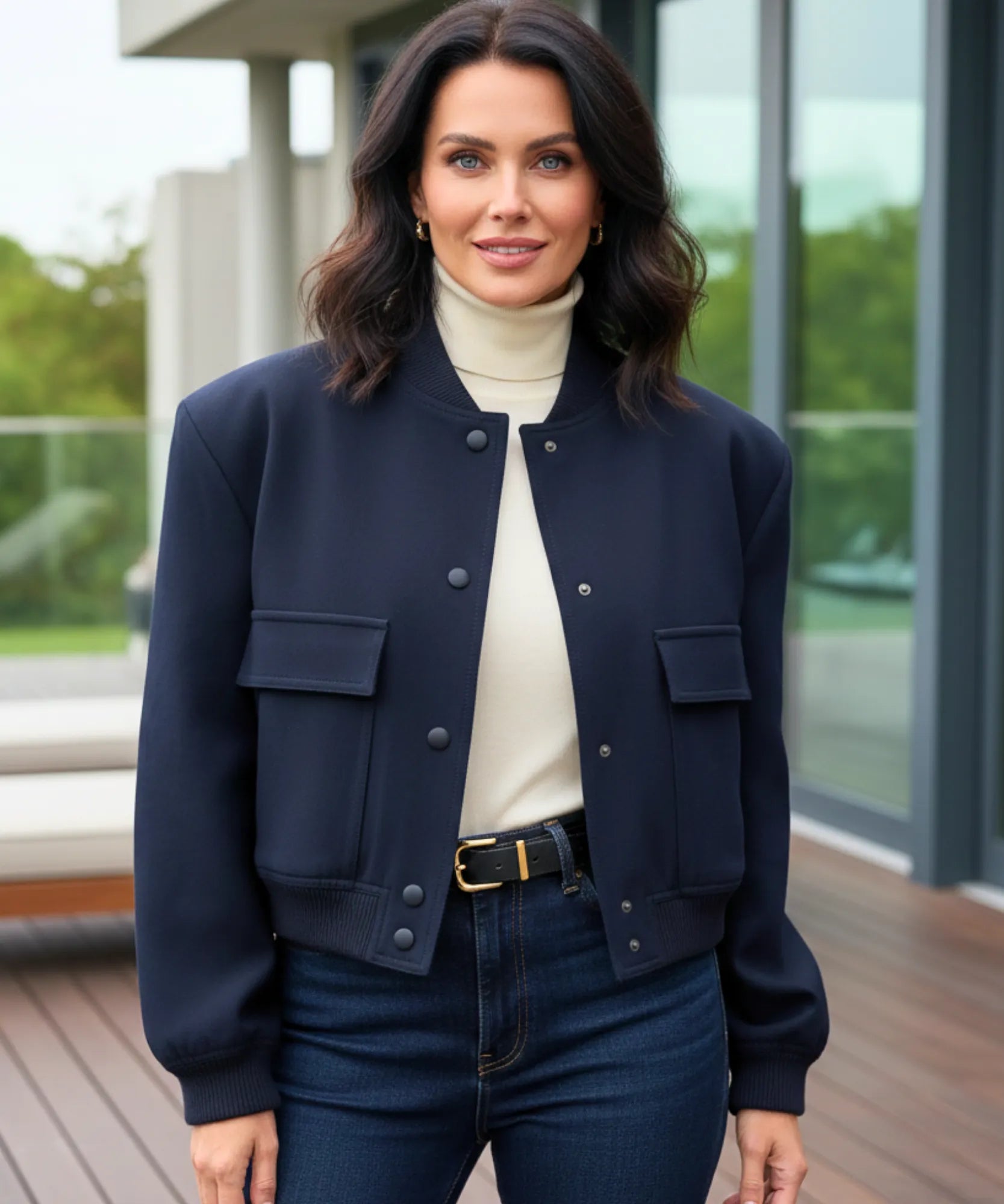 Women's cotton twill bomber jacket in cobalt blue