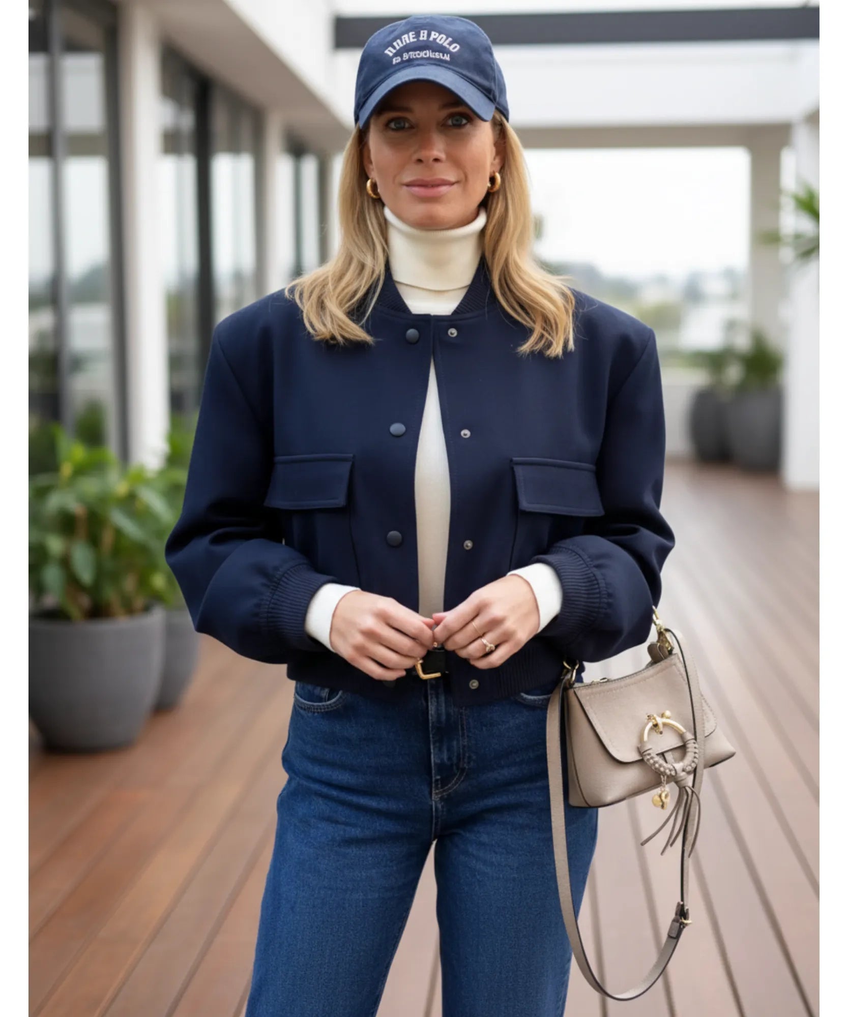 Women's cotton twill bomber jacket in cobalt blue