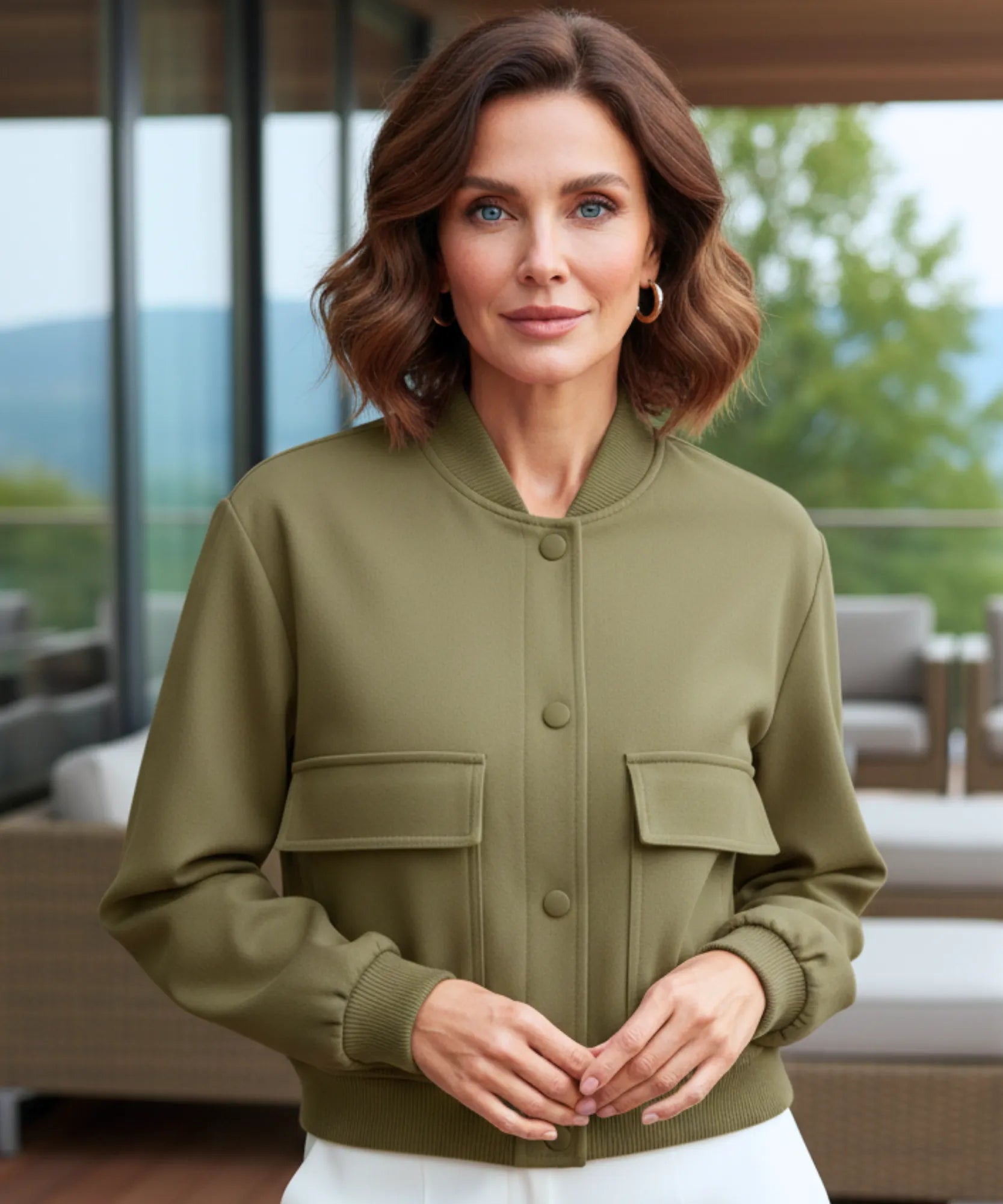 Women's cotton twill bomber jacket in olive green