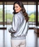 Women's boxy oversized leather jacket in silver, front view