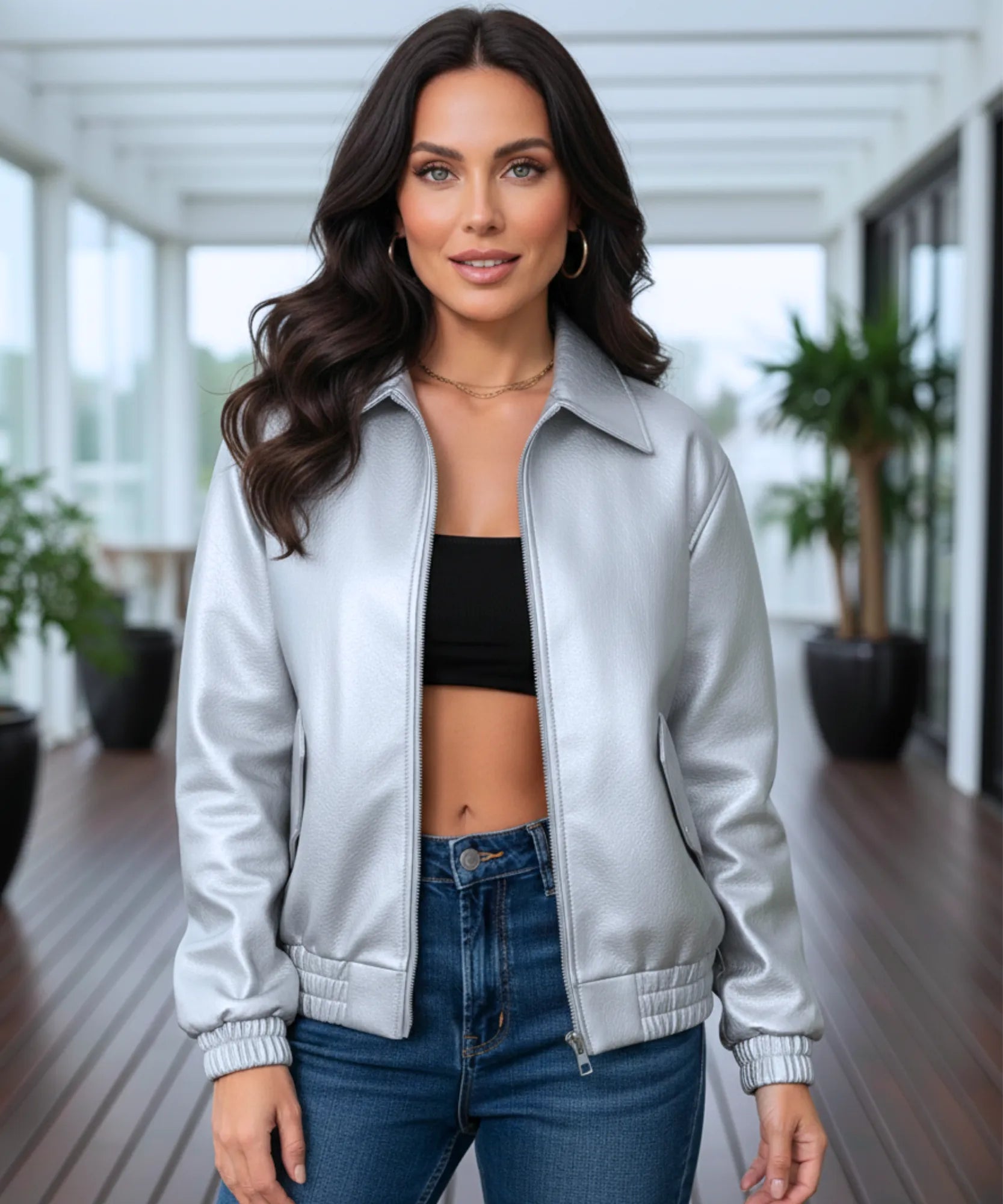 Women's boxy oversized leather jacket in silver, detail view