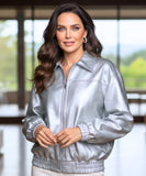Women's boxy oversized leather jacket in silver, back view