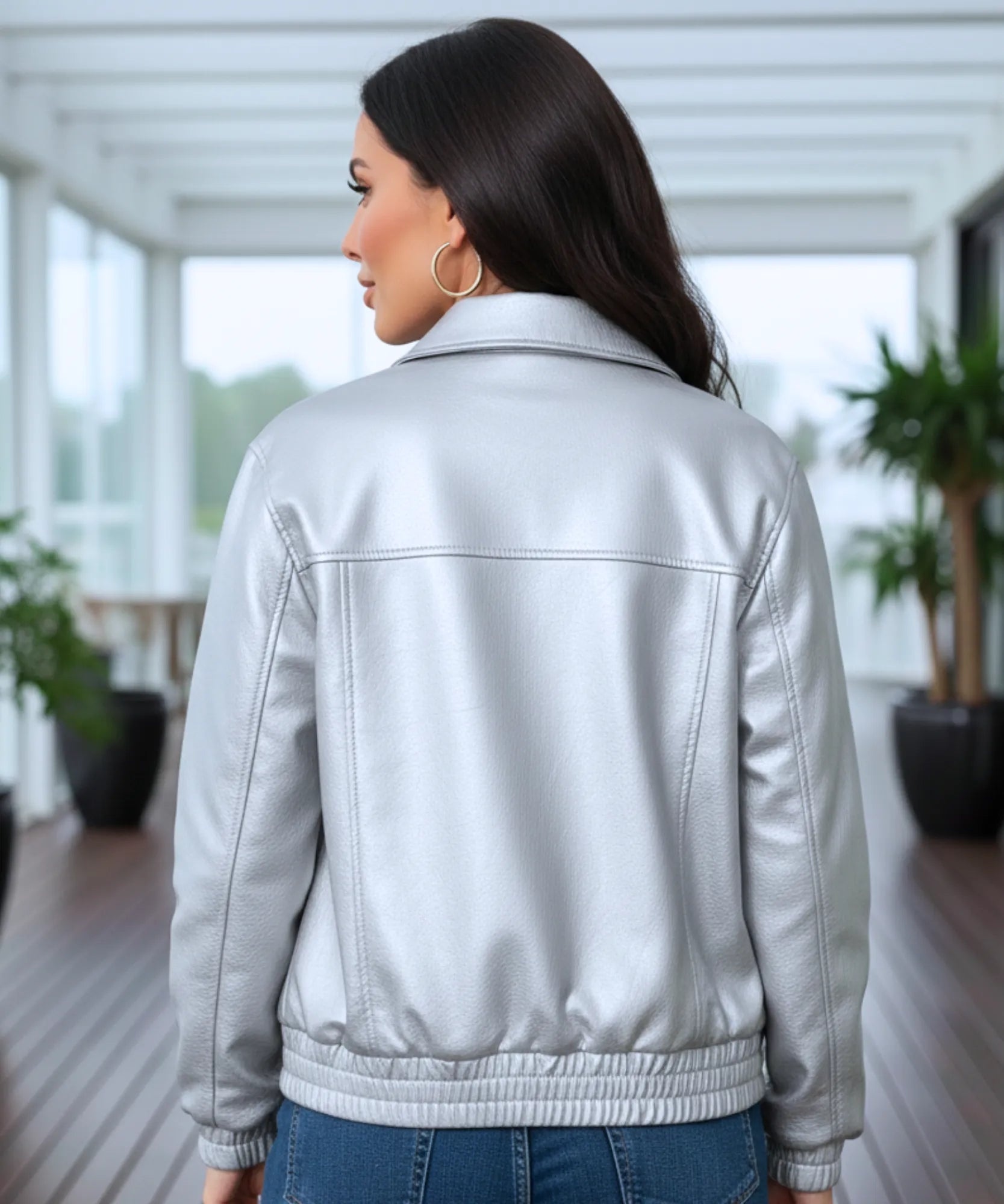 Women's boxy oversized leather jacket in silver, close-up texture