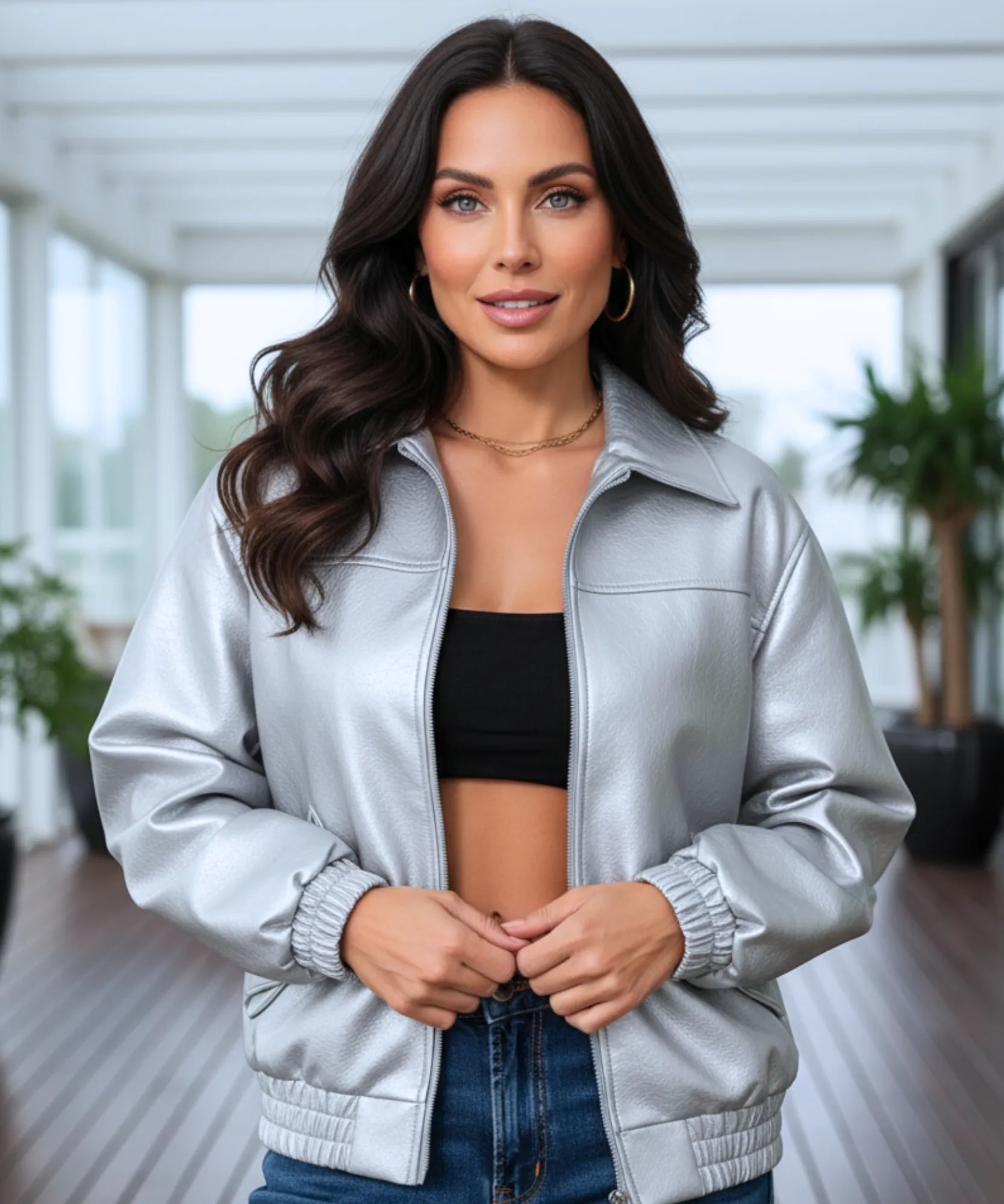 Women's boxy oversized leather jacket in silver, styled look