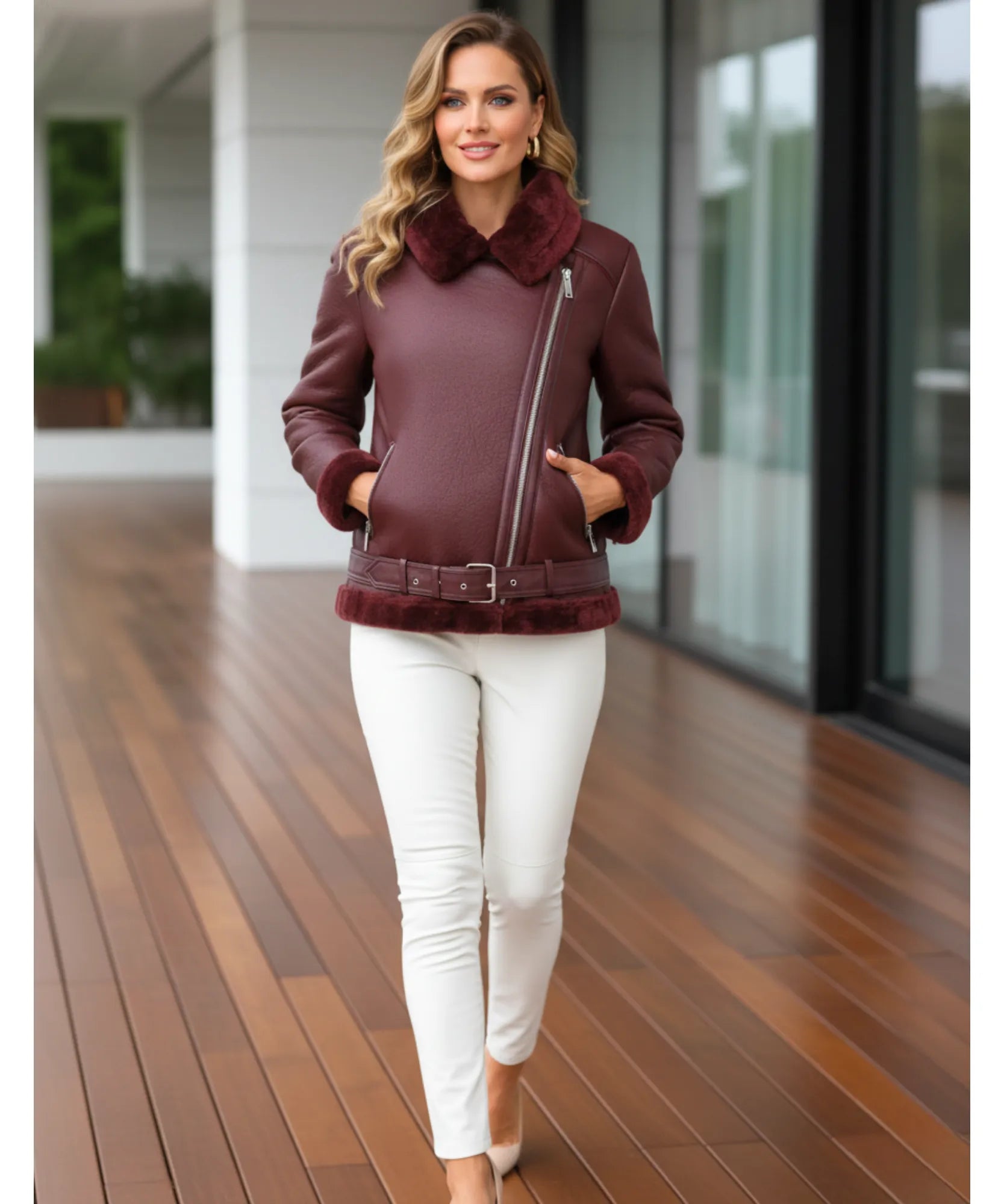 Detail of the side zip on the burgundy leather jacket
