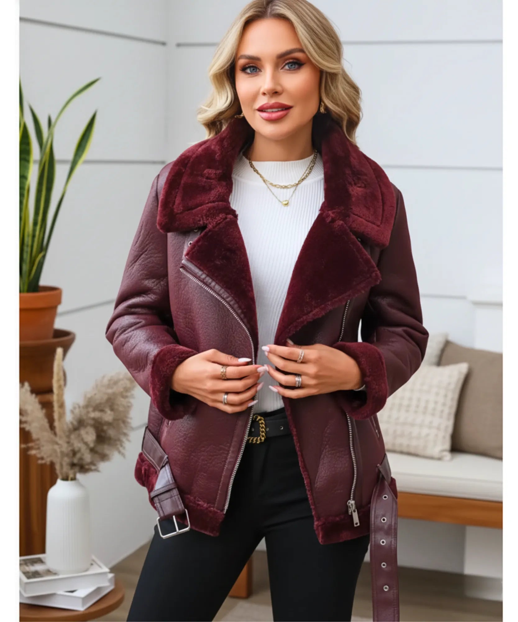 Front view of the shearling leather jacket in burgundy