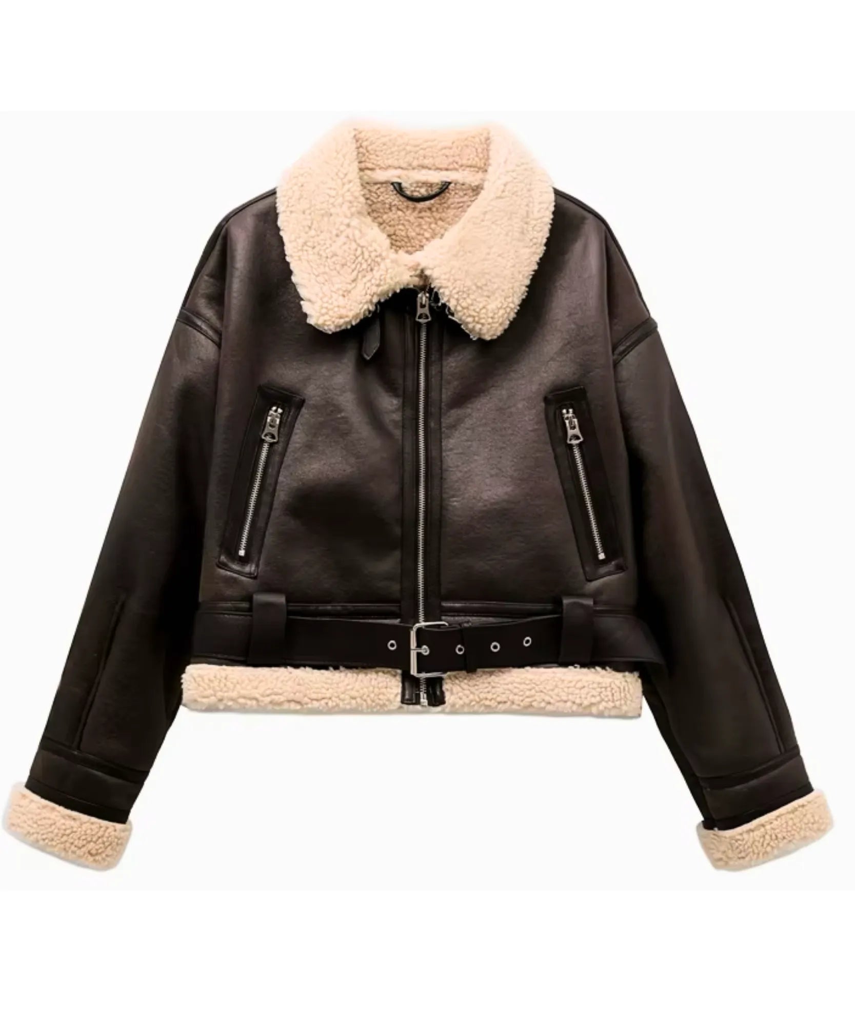Women's high collar leather jacket in cognac, styled look