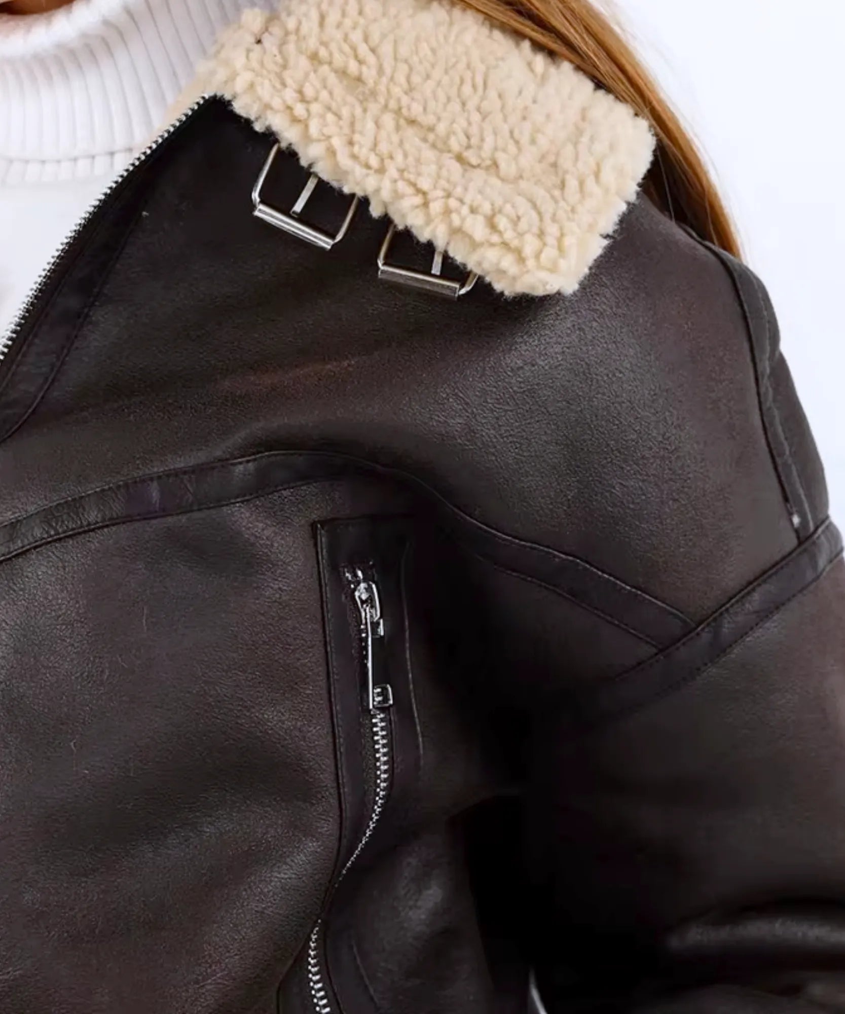 Women's high collar leather jacket in cognac, zipper detail