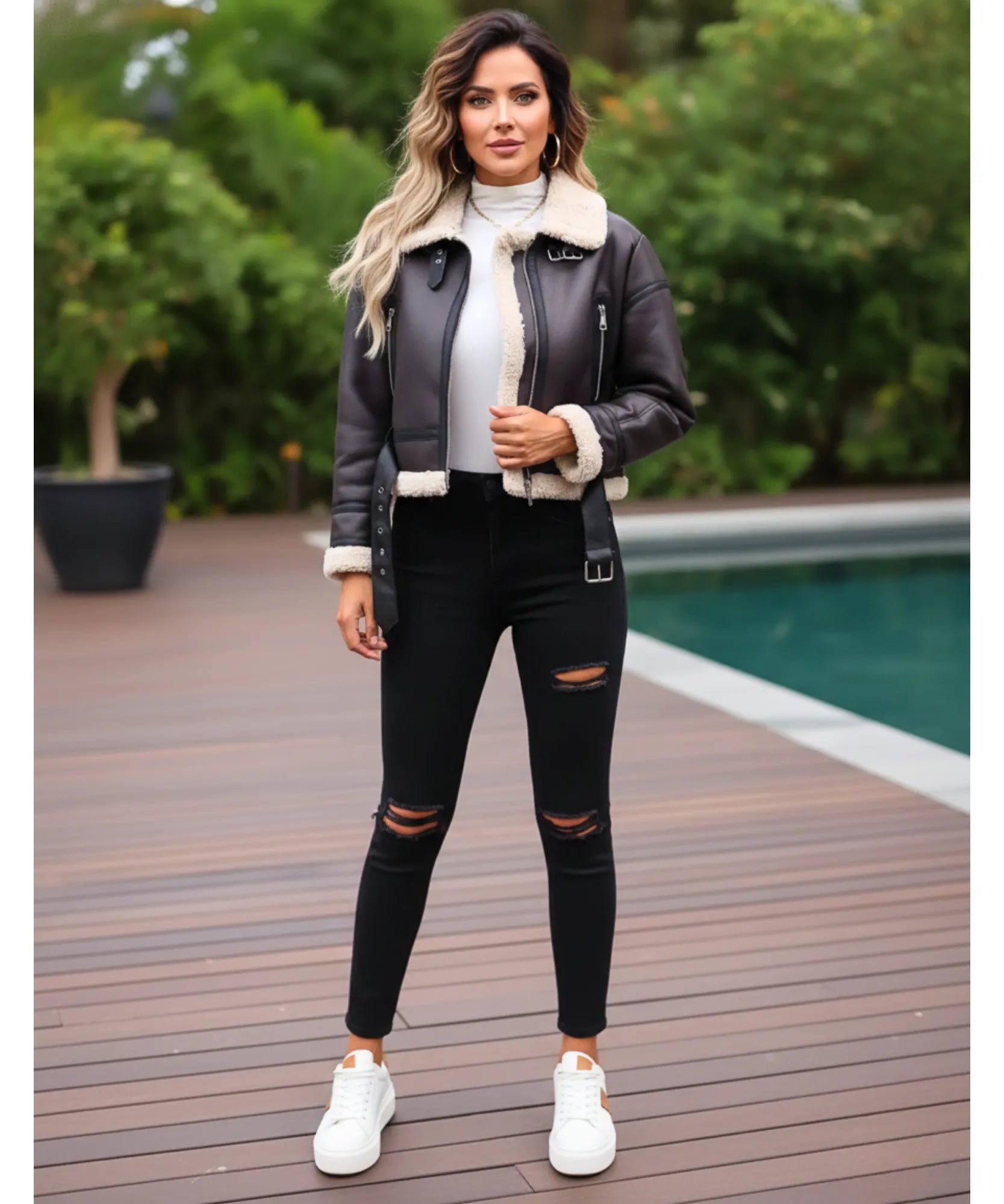 Women's high collar leather jacket in black, front view