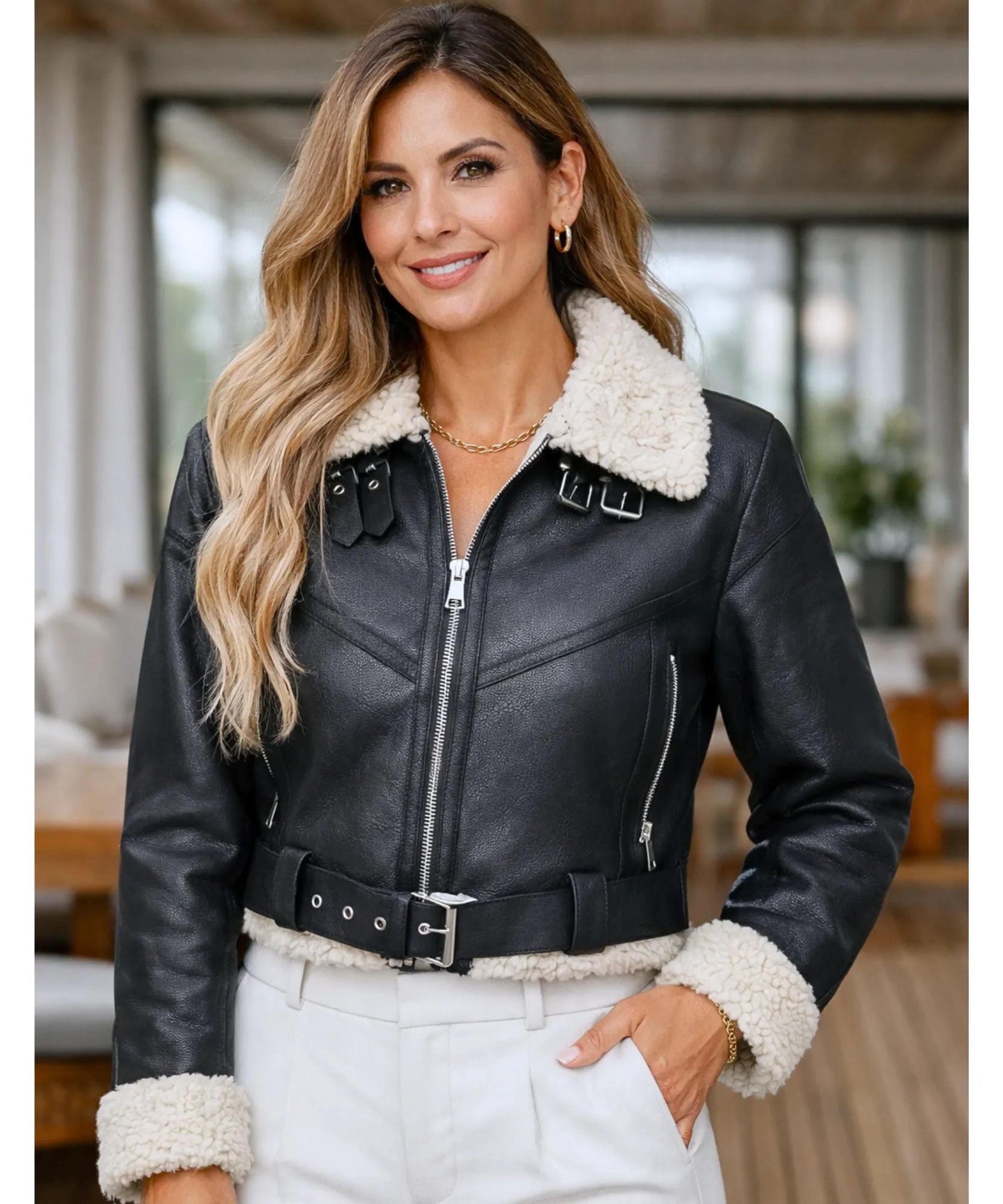 Women's high collar leather jacket in black, collar detail
