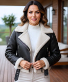Women's high collar leather jacket in black, styled look