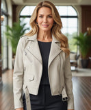 Women's leather biker jacket in ivory, side view