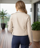 Women's leather biker jacket in ivory, front view