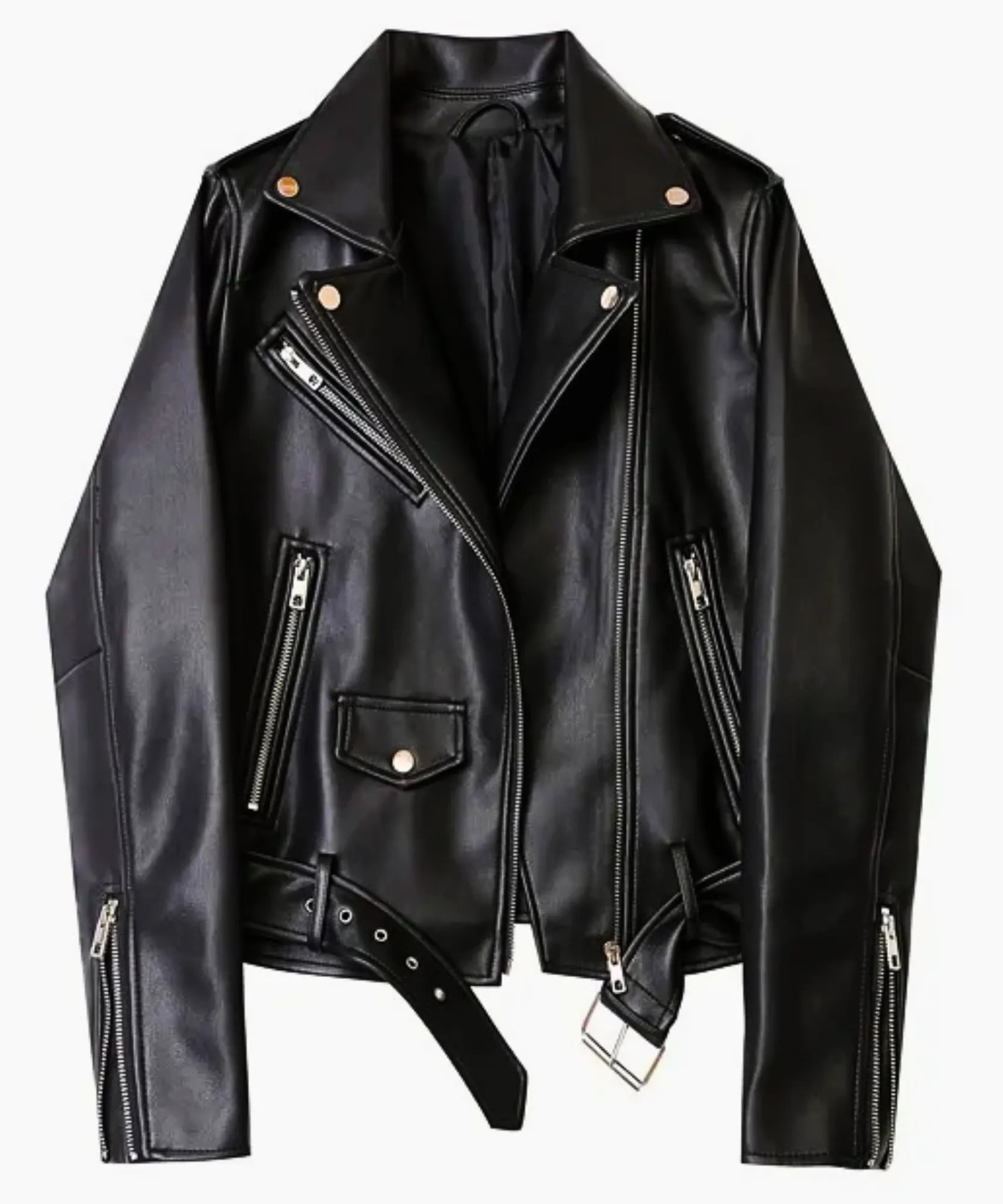 Women's leather biker jacket in black, close-up texture