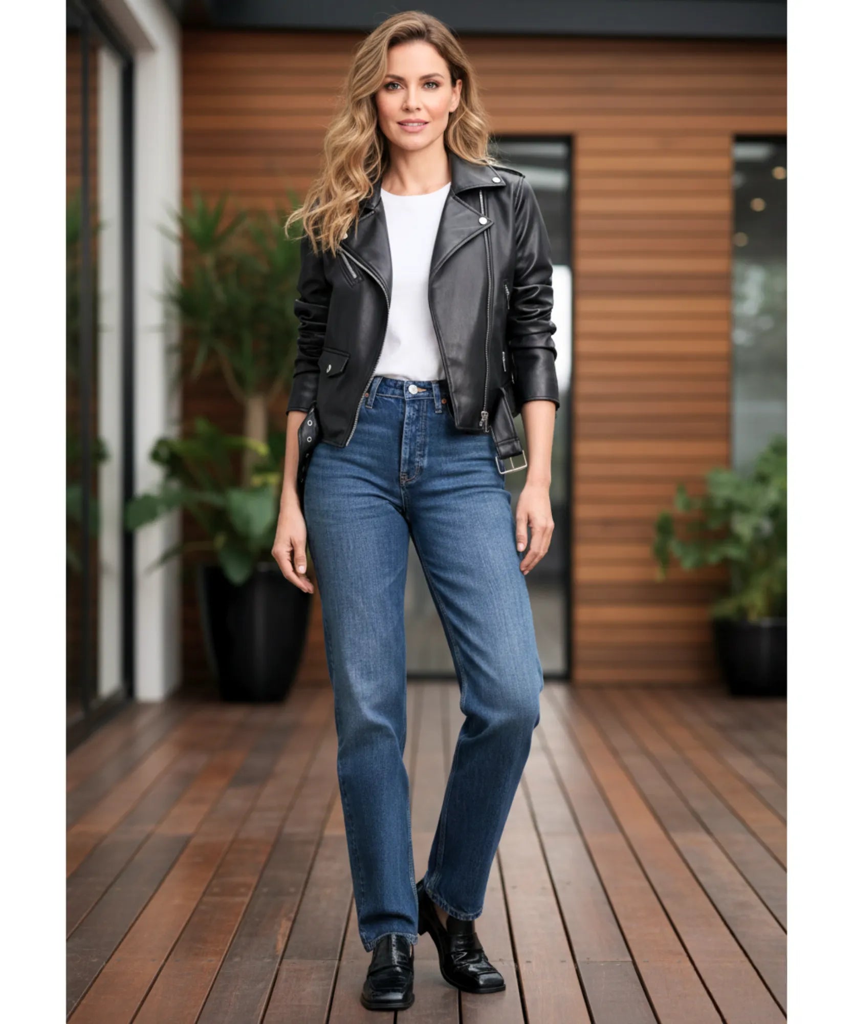 Women's leather biker jacket in black, belt detail