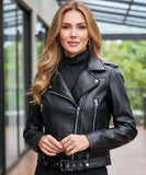 Women's leather biker jacket in black, side view