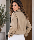 Women's cropped utility jacket in khaki, back view with epaulets