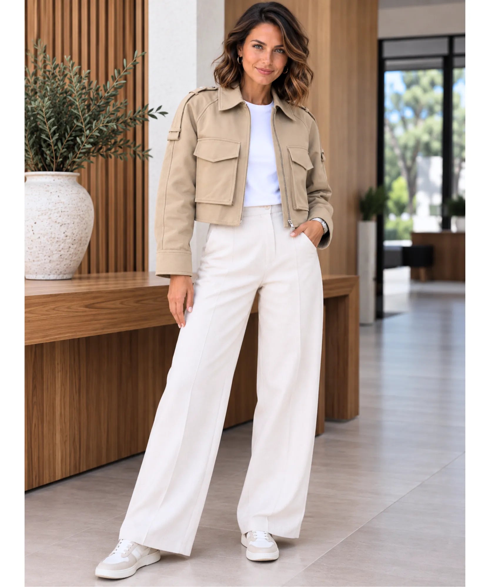 Women's cropped utility jacket in khaki, full outfit with wide-leg pants