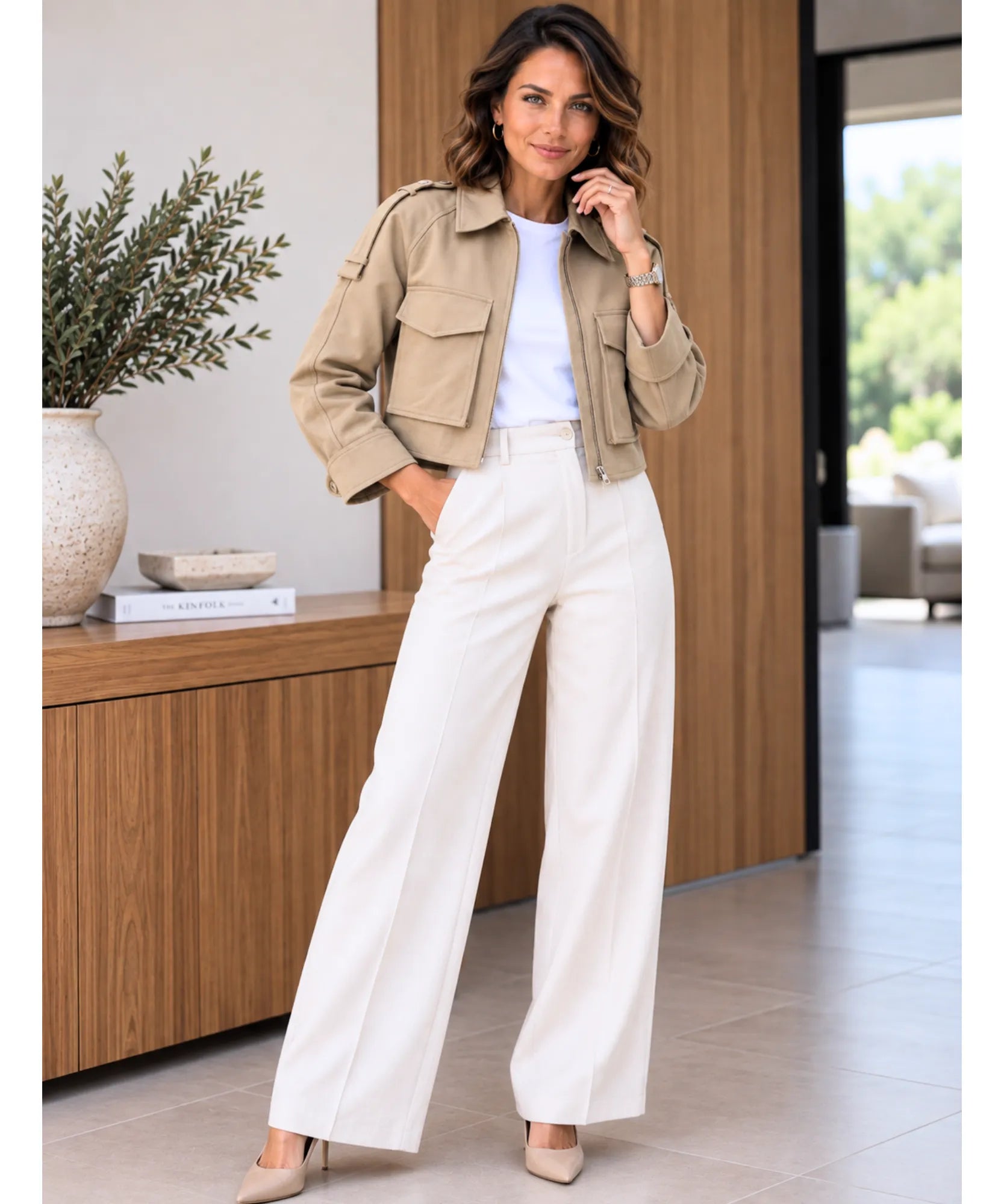 Women's cropped utility jacket in khaki worn with white wide-leg pants