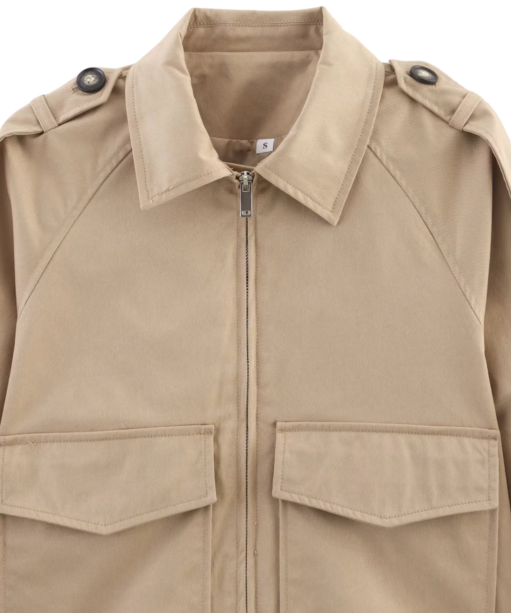 Women's cropped utility jacket in khaki showing chest flap pockets and point collar