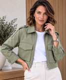Women's cropped utility jacket in sage green with buttoned epaulets