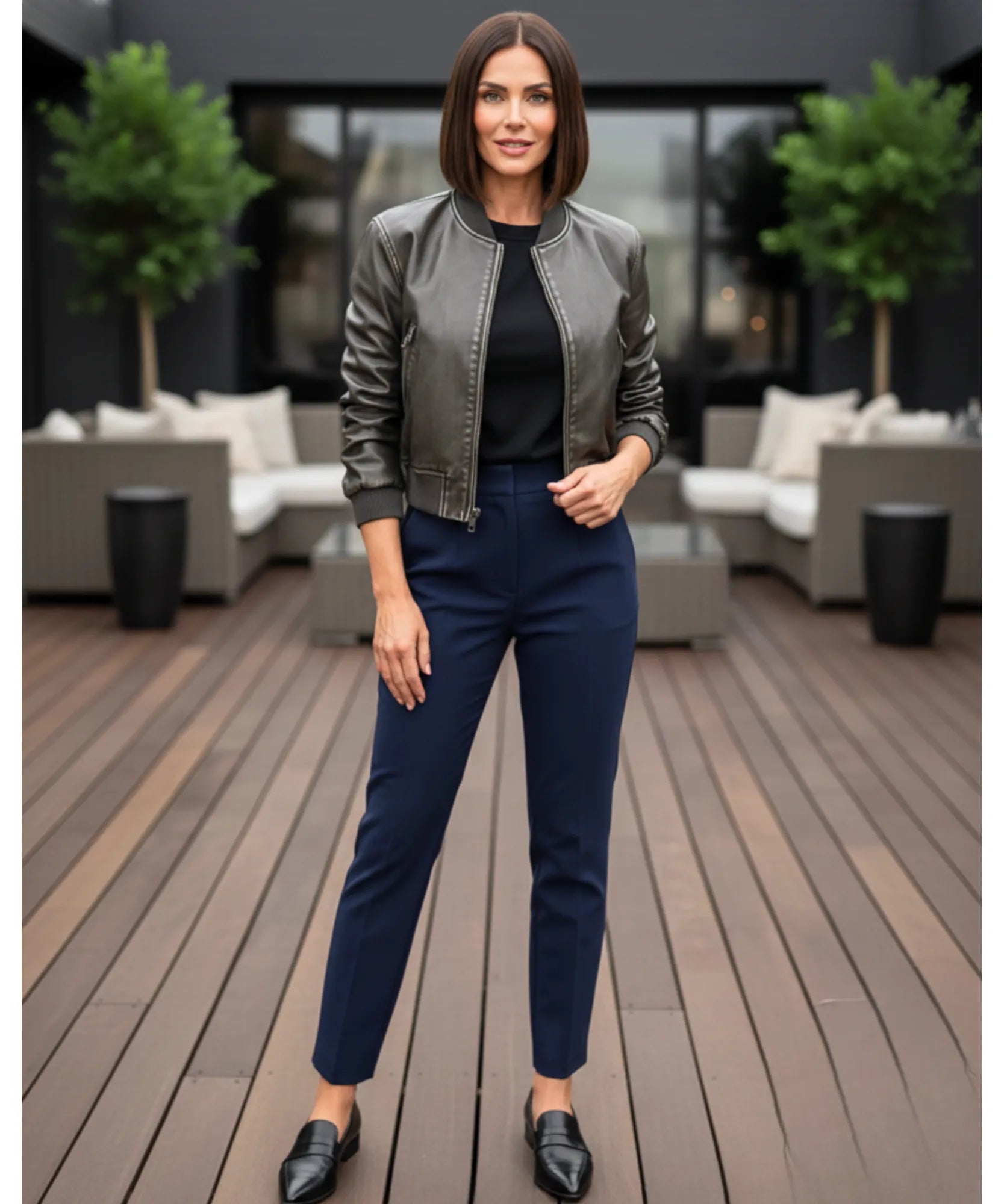 Women's leather bomber jacket in grey, front view