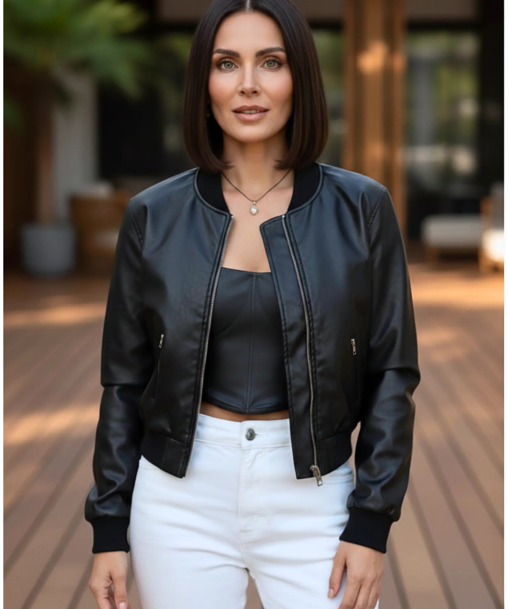 Women's leather bomber jacket in black, back view