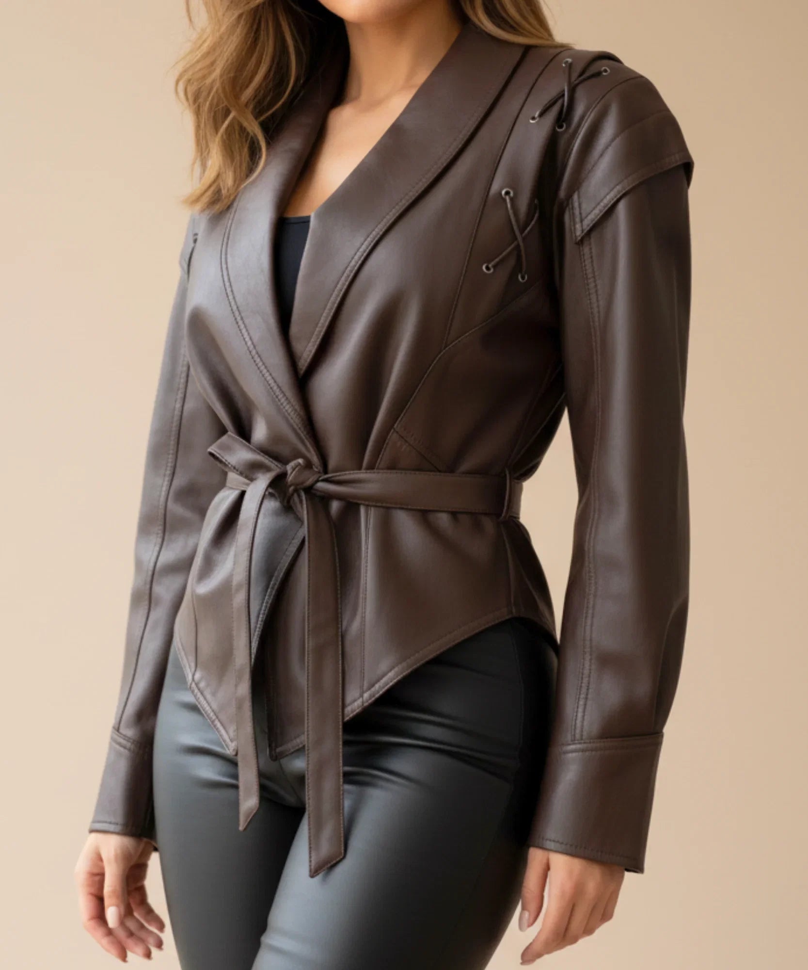 Women's belted leather jacket in dark brown, styled look