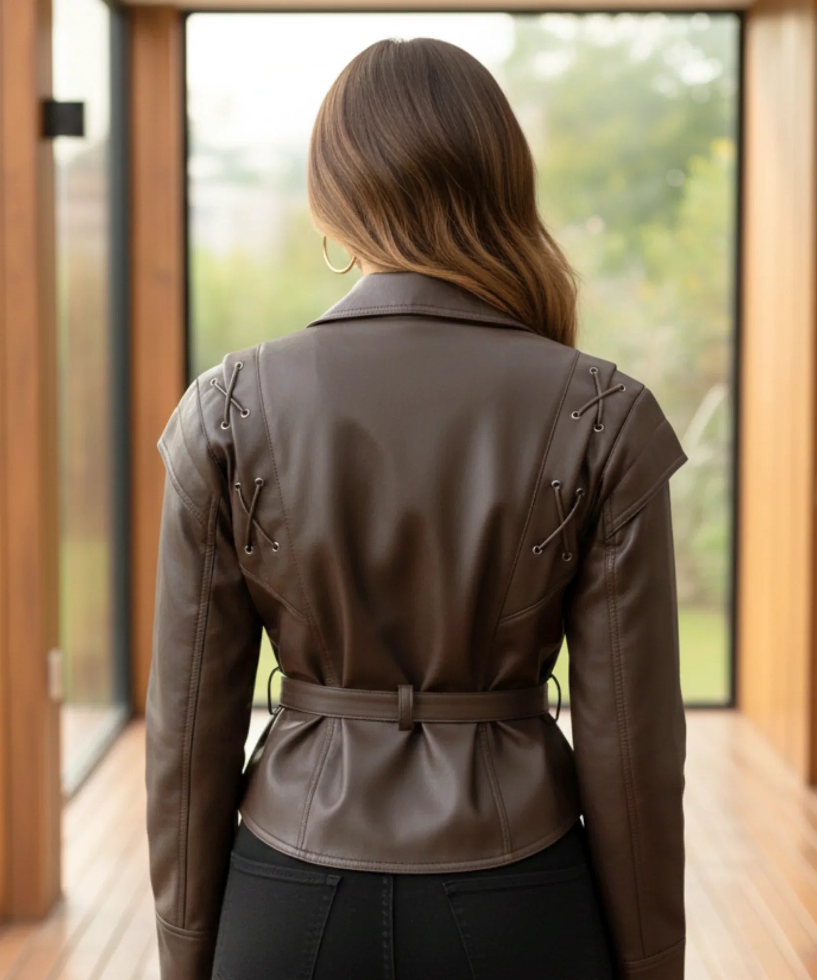 Women's belted leather jacket in dark brown, belt detail
