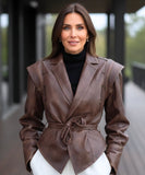 Women's belted leather jacket in dark brown, styled look