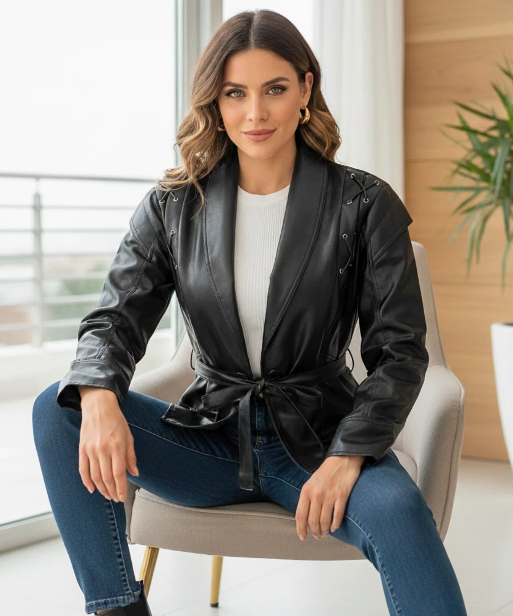 Women's belted leather jacket in black, side view