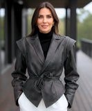 Women's belted leather jacket in black, styled look