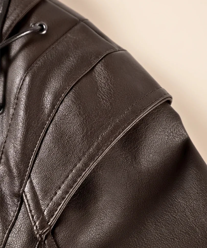 Women's belted leather jacket, shoulder strap detail
