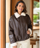 Women's Mocha Leather Bomber Jacket with Sherpa Lining