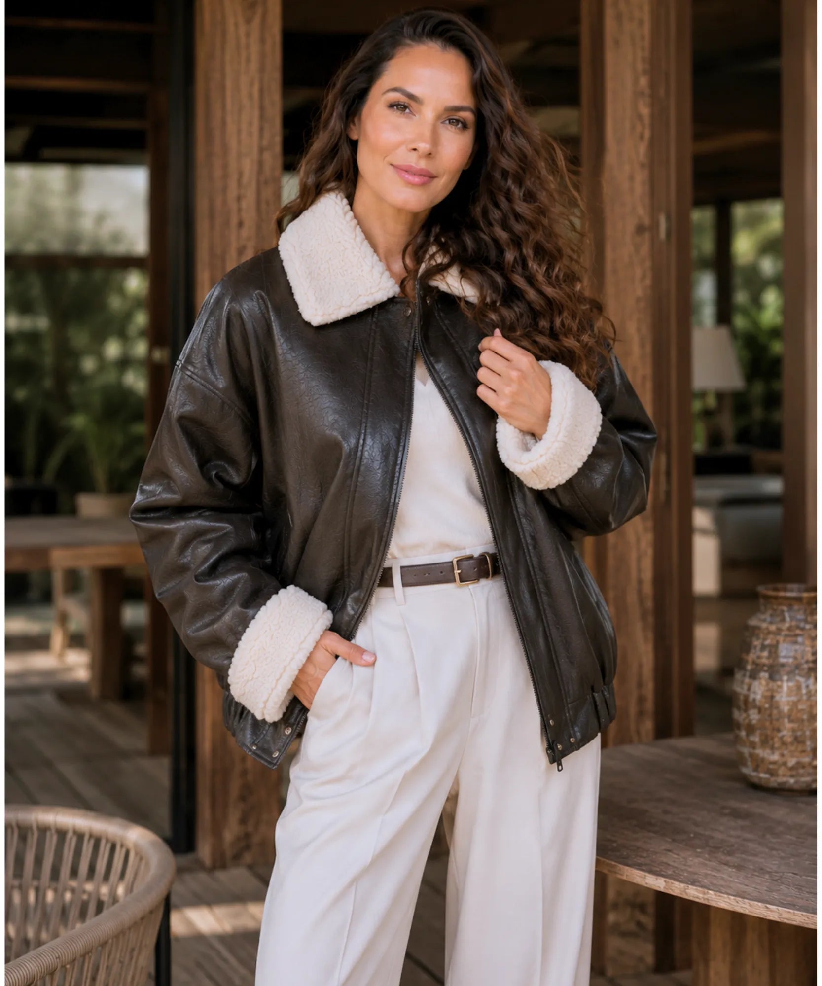 Women's Mocha Leather Bomber Jacket with Sherpa Lining