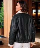 Women's Black Leather Bomber Jacket with Sherpa Lining