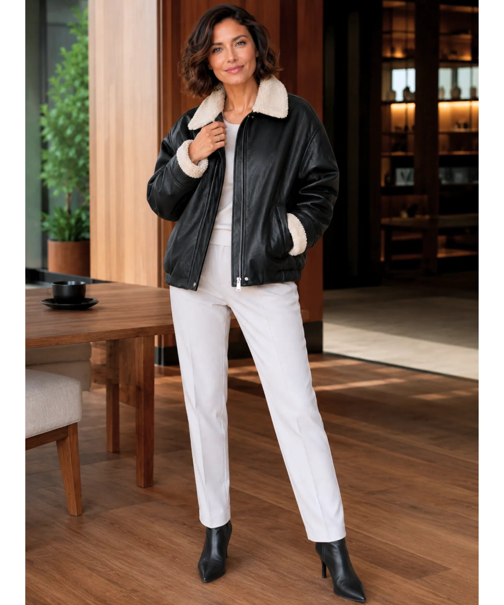 Women's Black Leather Bomber Jacket, Sherpa Collar Detail
