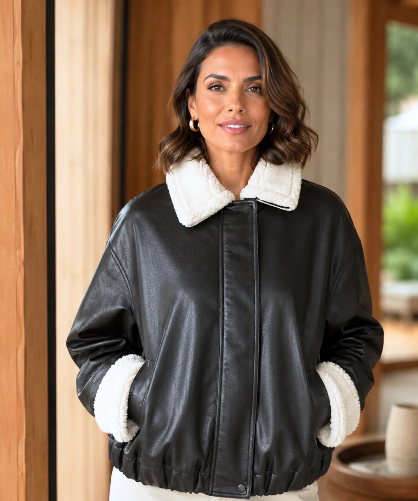 Women's Black Leather Bomber Jacket with Sherpa Lining
