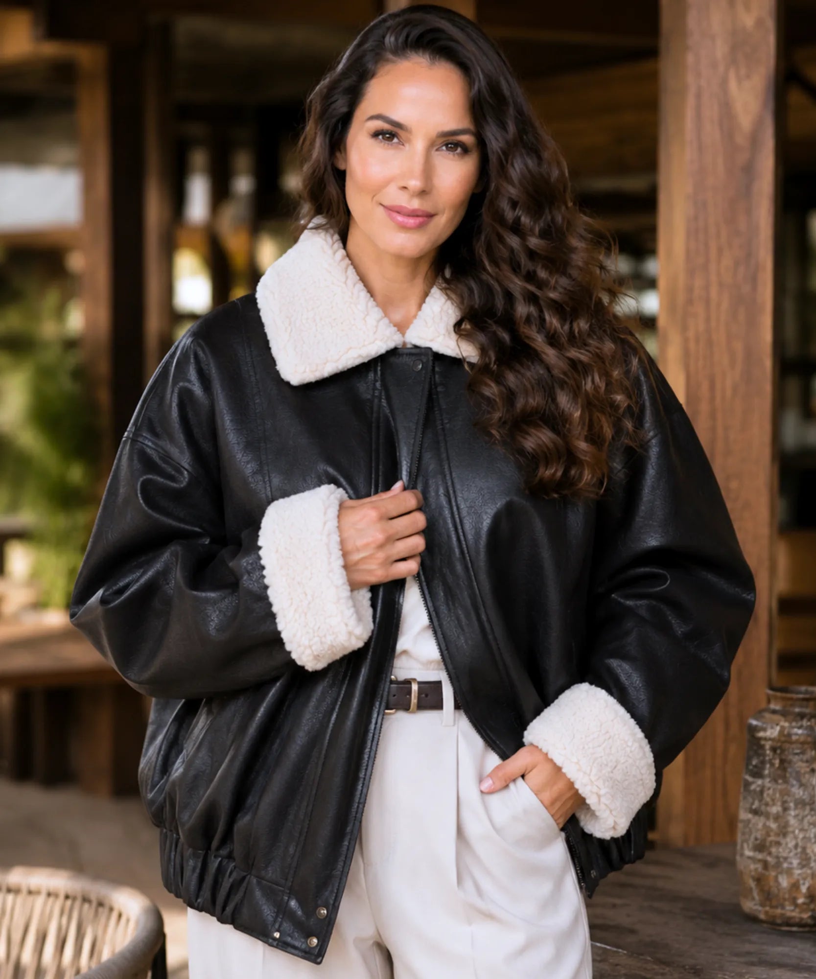 Women's Black Leather Bomber Jacket with Sherpa Lining