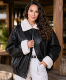 Women's Black Leather Bomber Jacket with Sherpa Lining