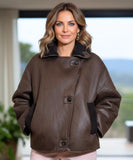 Women's dark brown vegan leather aviator jacket, back view