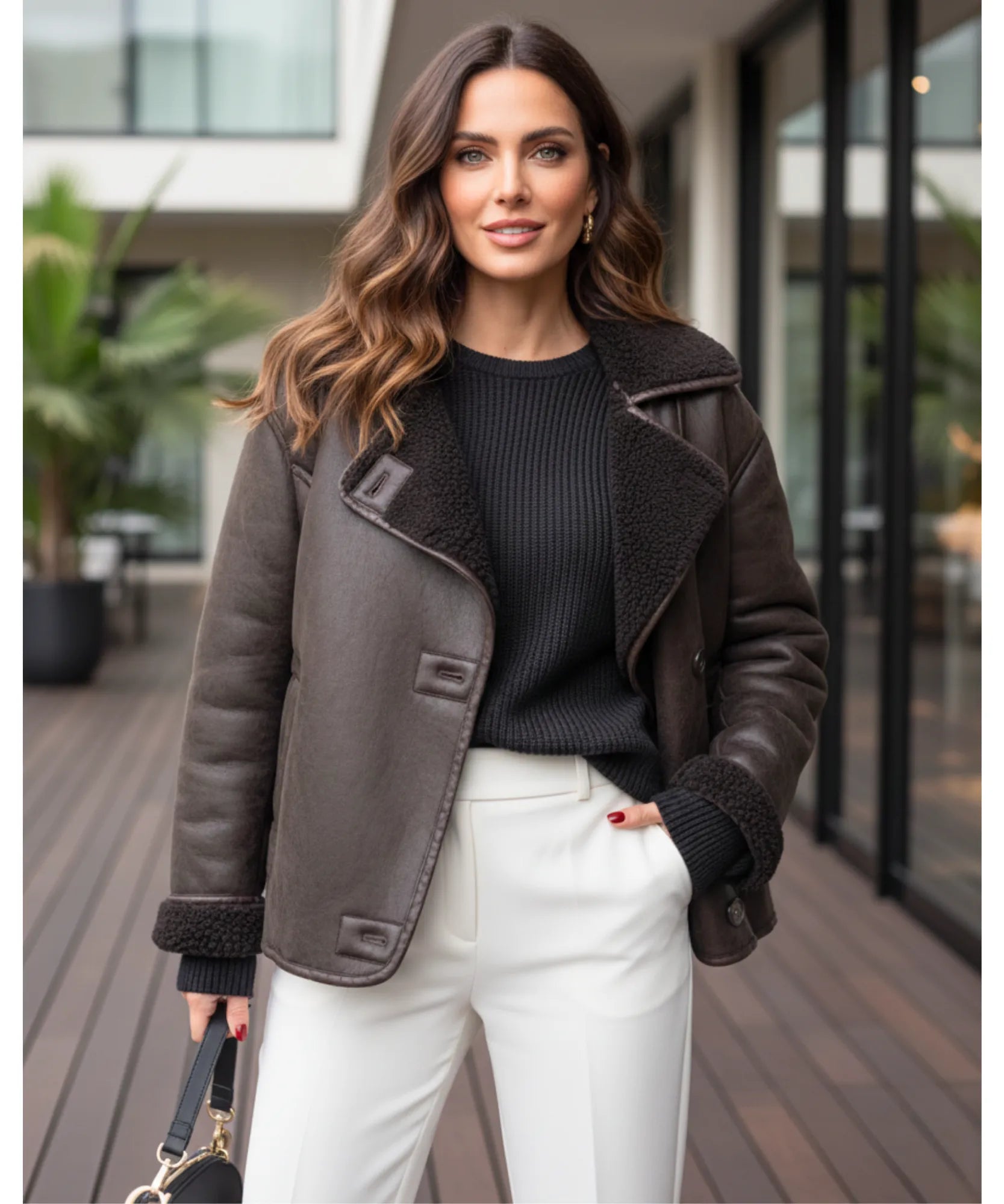 Women's dark brown vegan leather aviator jacket, close-up of collar