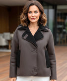 Women's dark brown vegan leather aviator jacket, side view