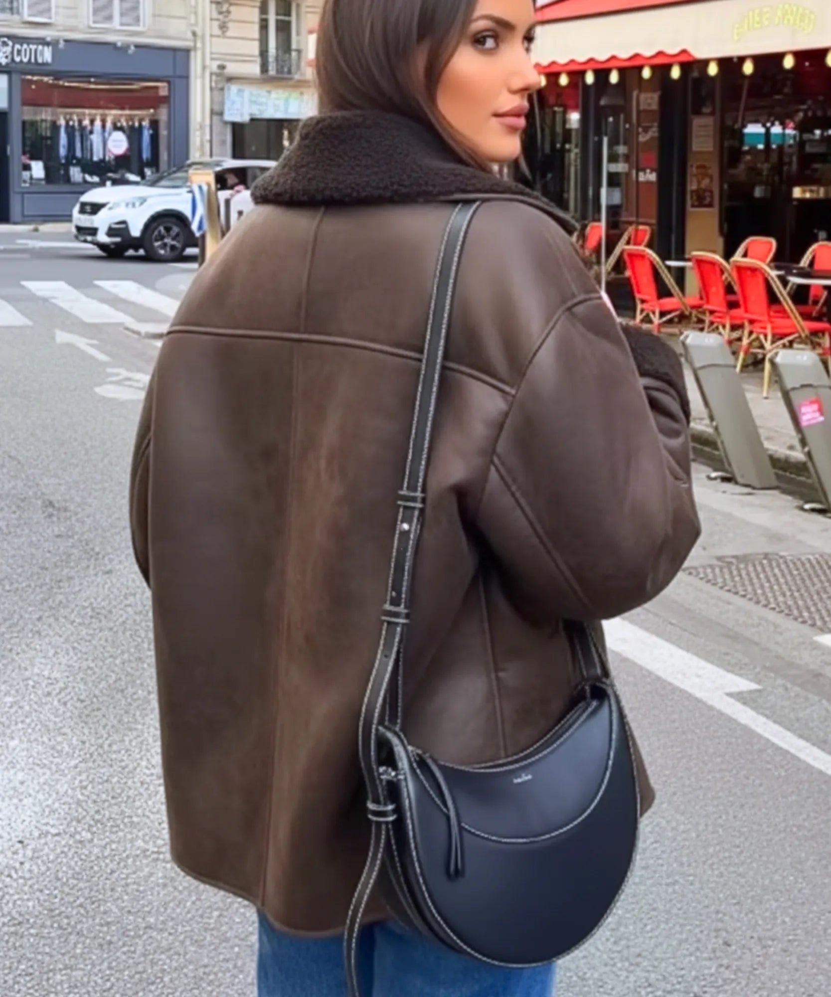 Women's dark brown vegan leather aviator jacket, detail view