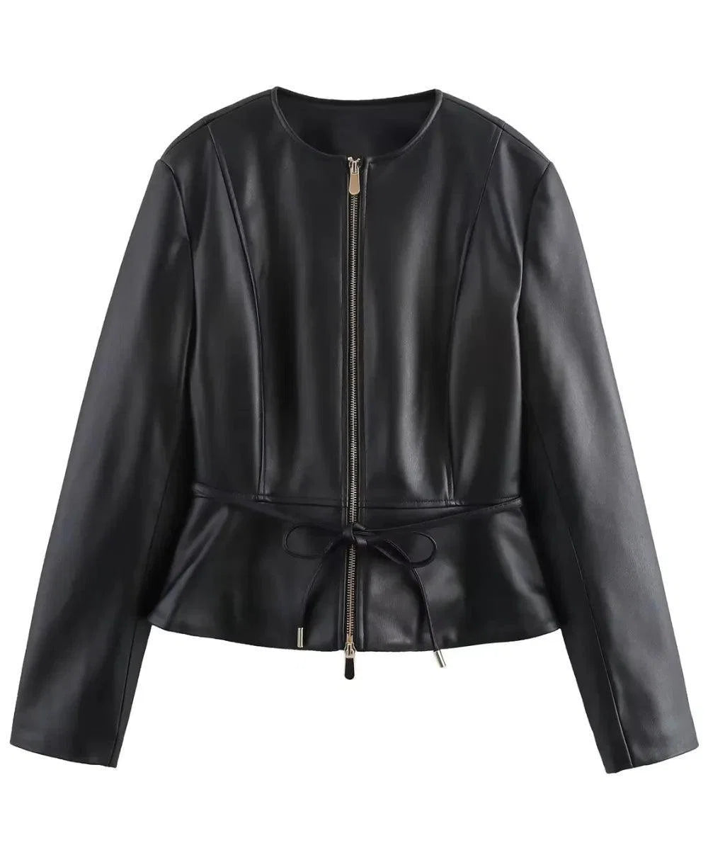 Women's wrap leather jacket in black, detail view