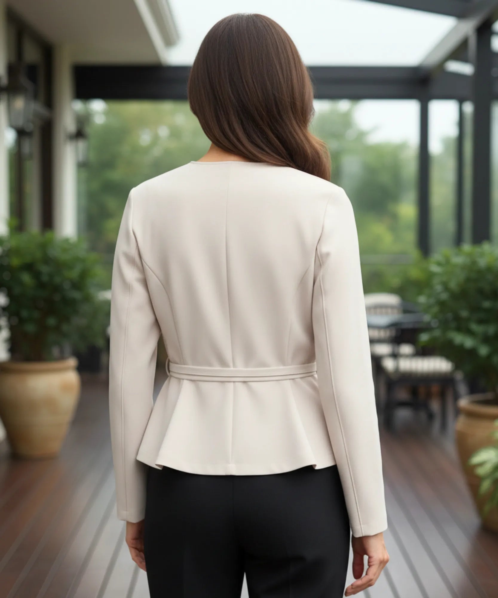 Women's wrap leather jacket in ivory, front view