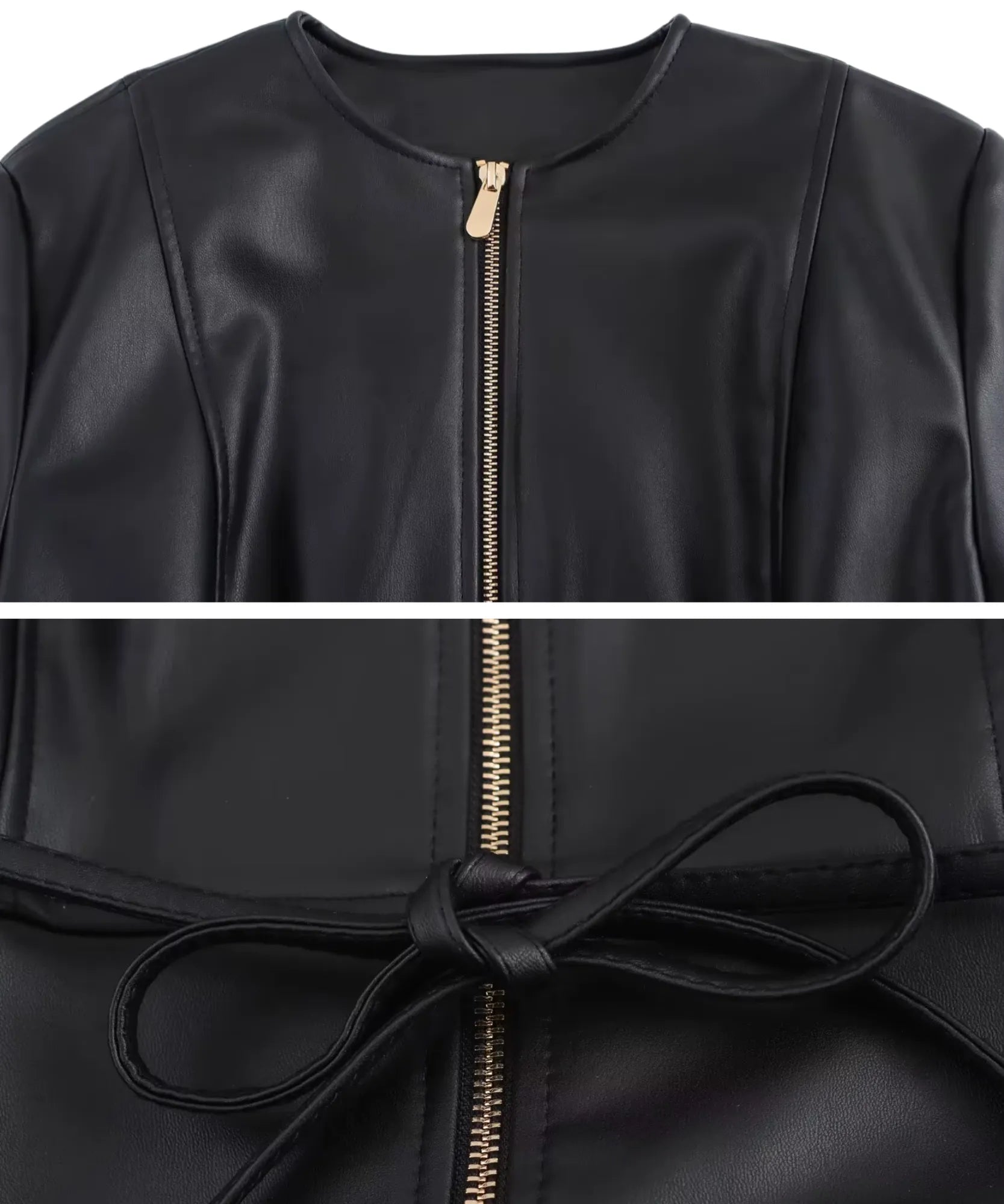 Women's wrap leather jacket in black, back view