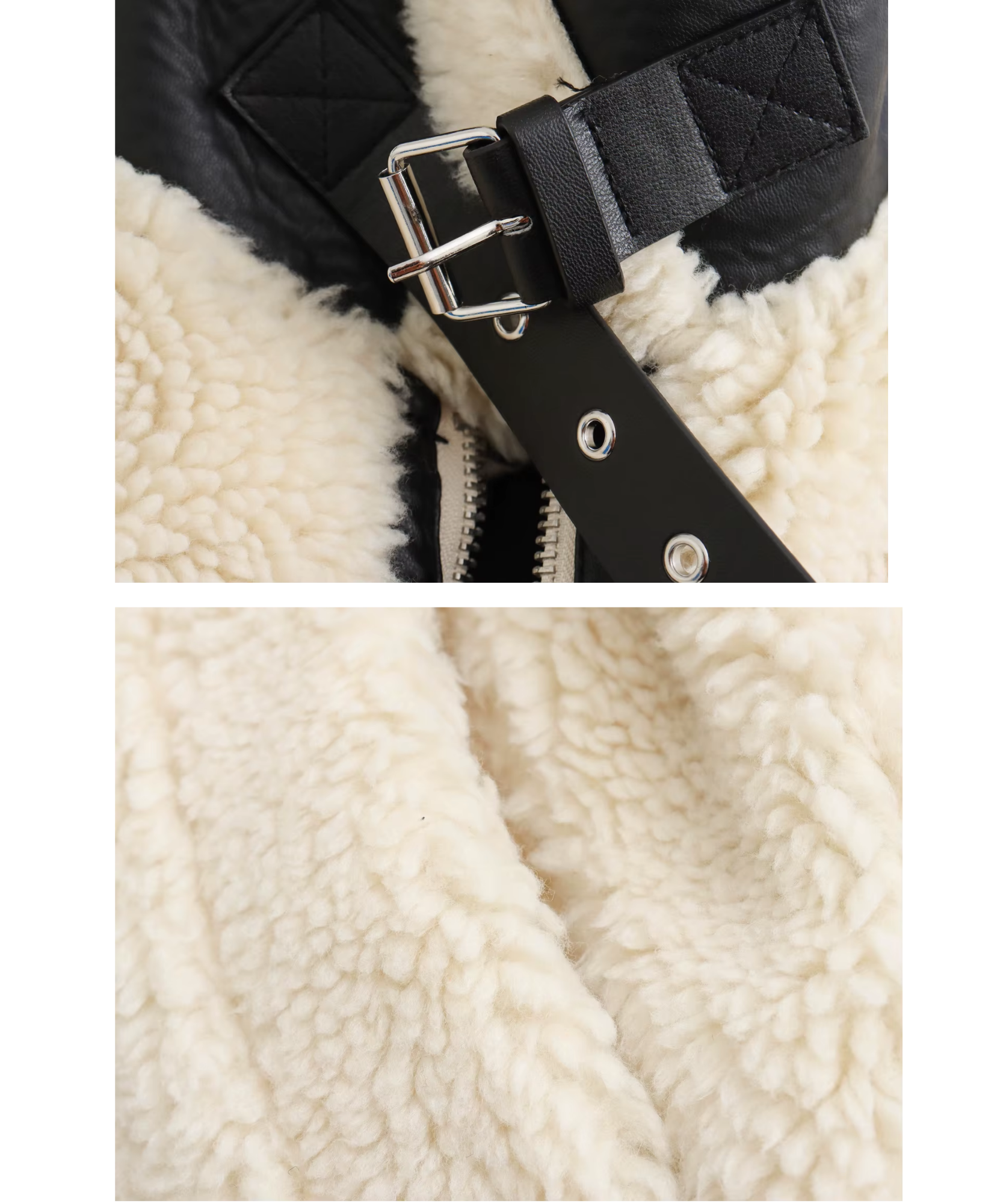 Women's sherpa jacket in ivory, buckle collar detail