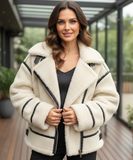 Women's sherpa jacket in ivory with vegan leather trim