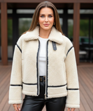 Women's sherpa jacket in ivory with vegan leather trim